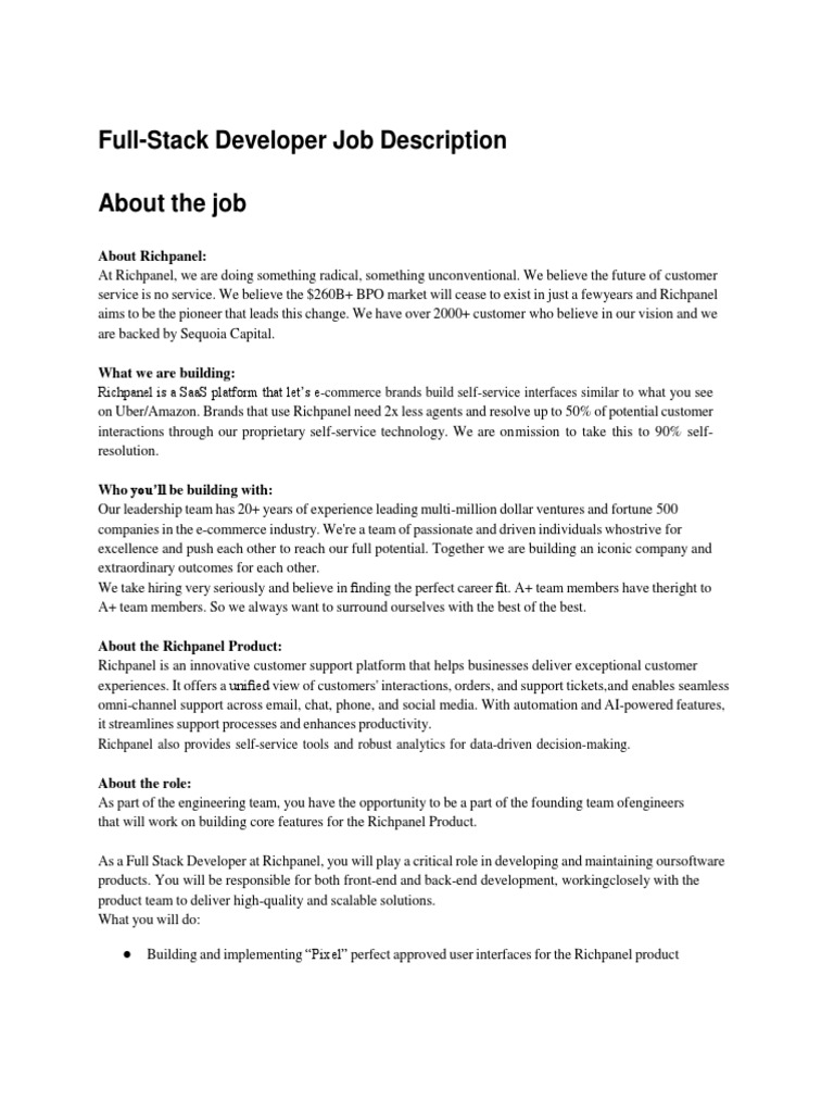 FullStack Developer Job Description PDF Databases Computing