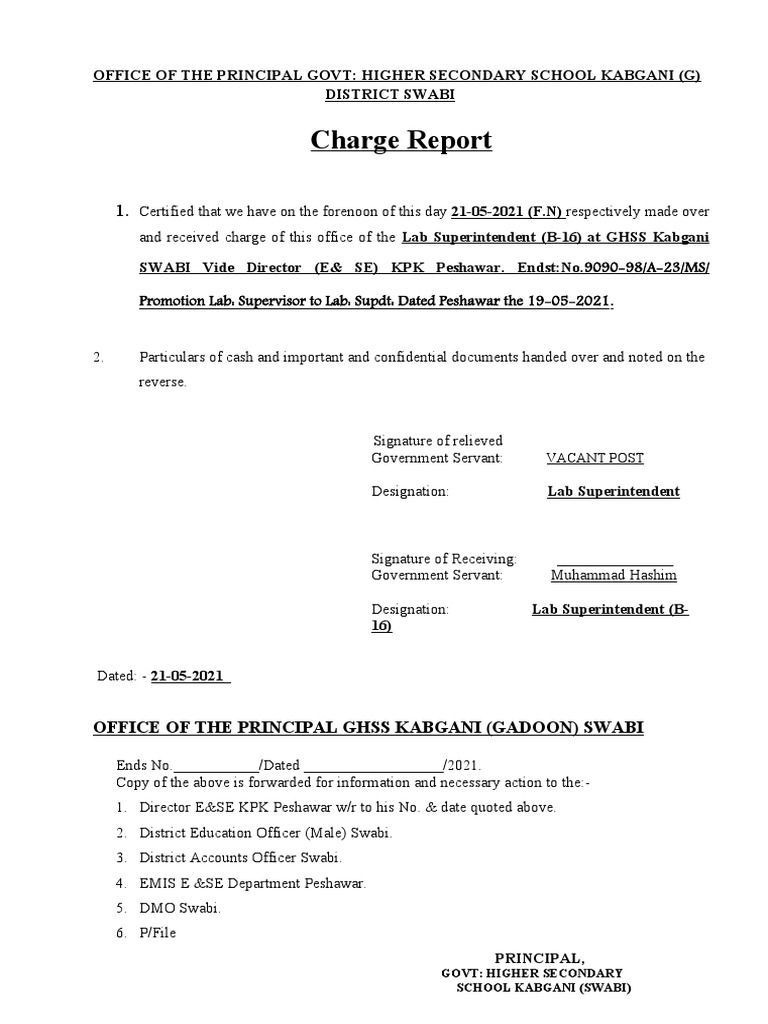 Charge Report for Lab Superintendent | PDF