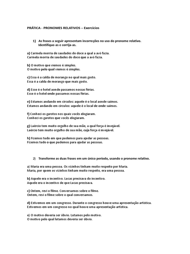 Pronomes Relativos Exercícios Pdf