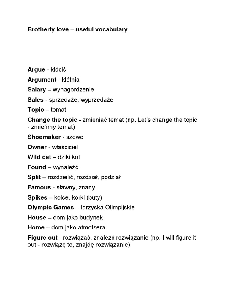 Brotherly Love - Useful Vocabulary | PDF