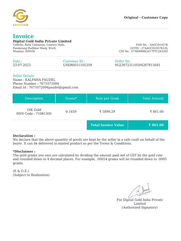 Digital Gold Invoice - July 2023 | PDF