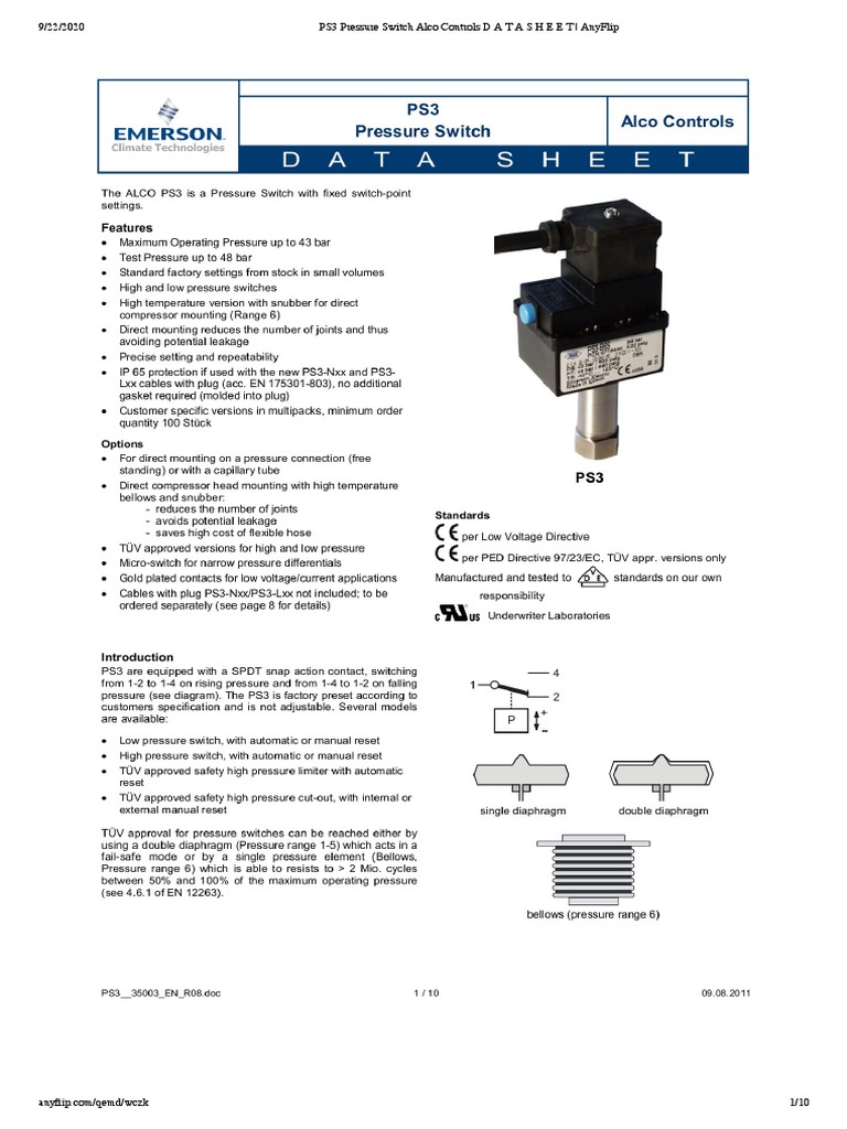 PS3 Pressure Switch Alco Controls Data Sheet 1 | PDF