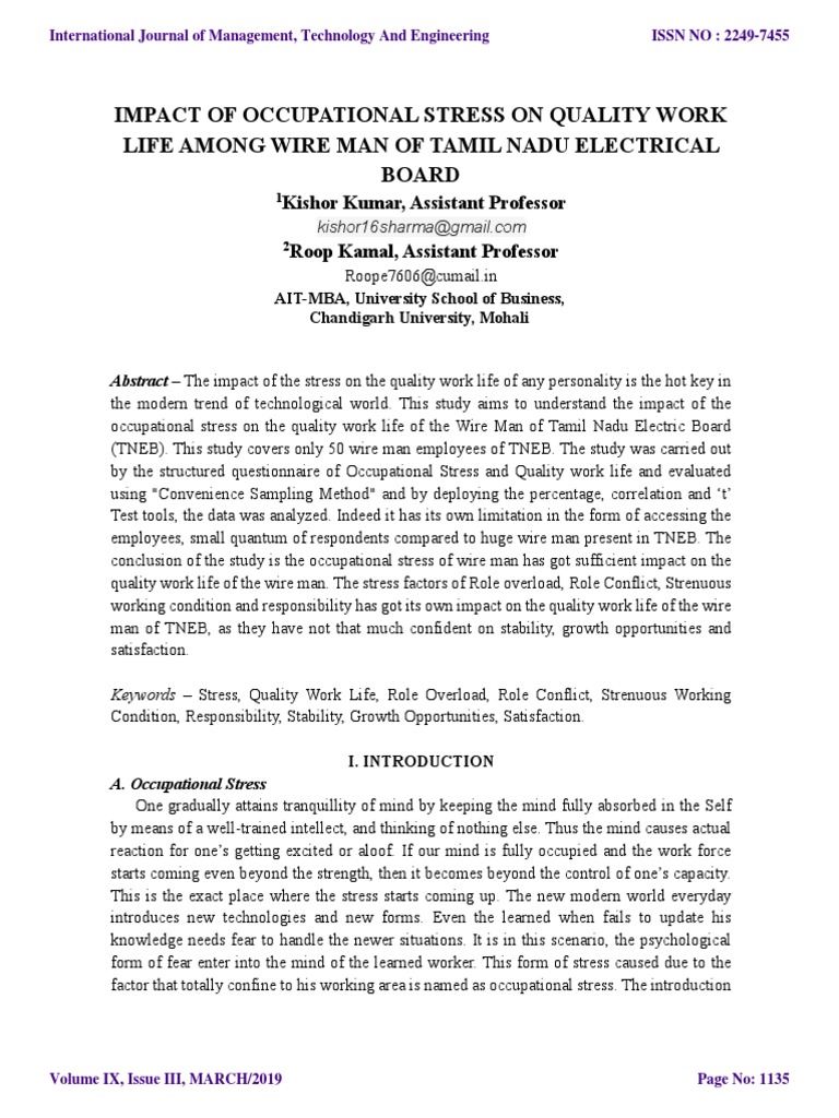 Occupational Stress Impact on TNEB Wiremen | PDF | Occupational Stress ...