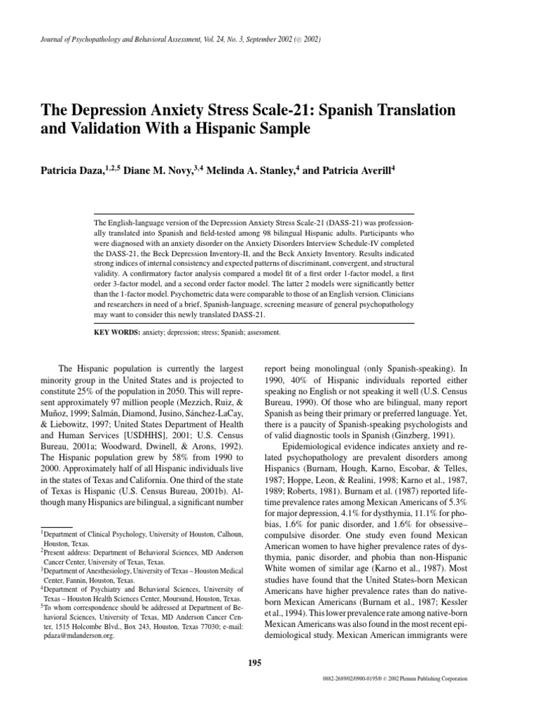 The Depression Anxiety Stress Scale21. Spanish Translation PDF