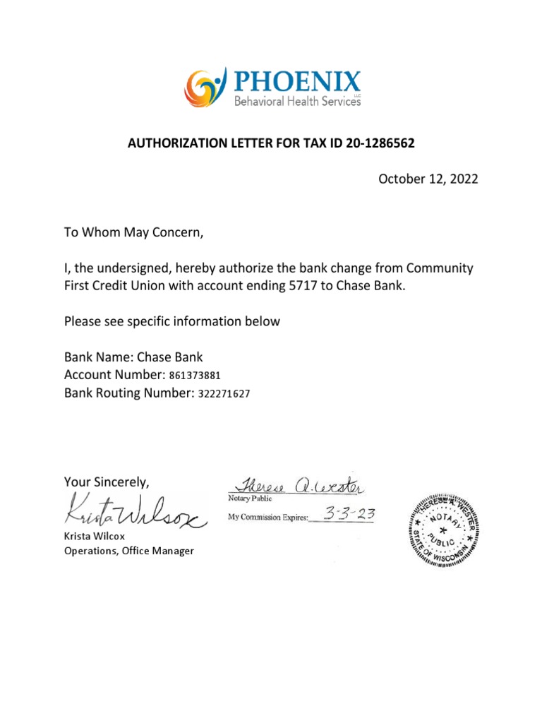 Chase Bank Tax ID Authorization Letter | PDF | Finance & Money Management