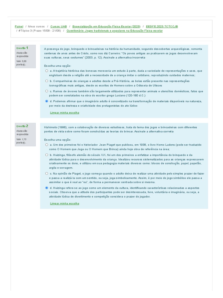 Questionário - Jogos Tradicionais e Populares Na Educação Física Escolar