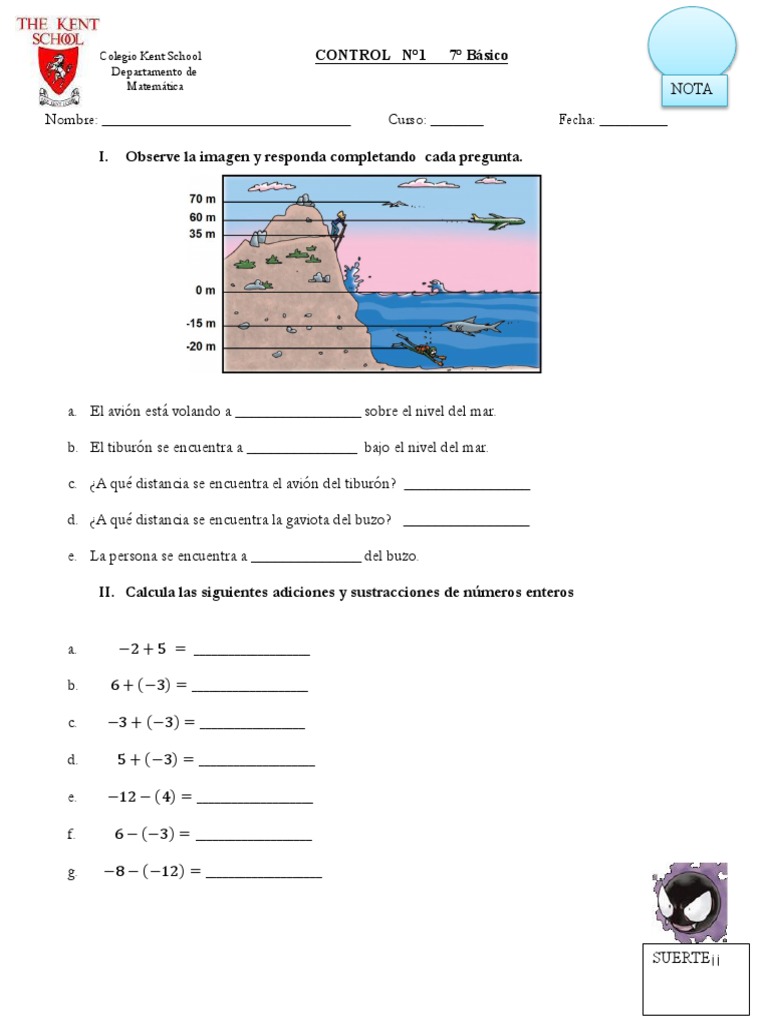 Control de Matemáticas 7° Básico Kent School | PDF