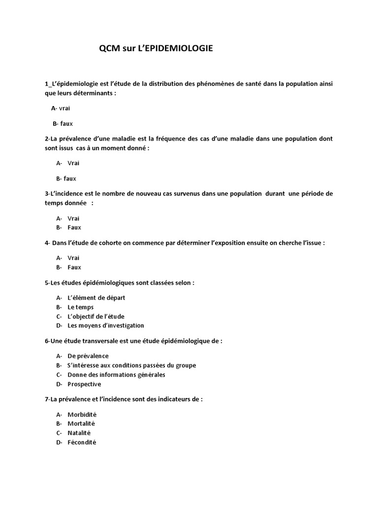 QCM sur l'pidmiologie et ses Concepts | PDF | pidmiologie | Incidence ( pidmiologie)