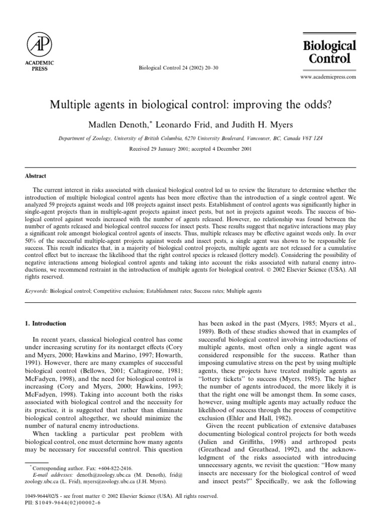 Biological Control: Single vs. Multiple Agents | PDF | Biological Pest ...