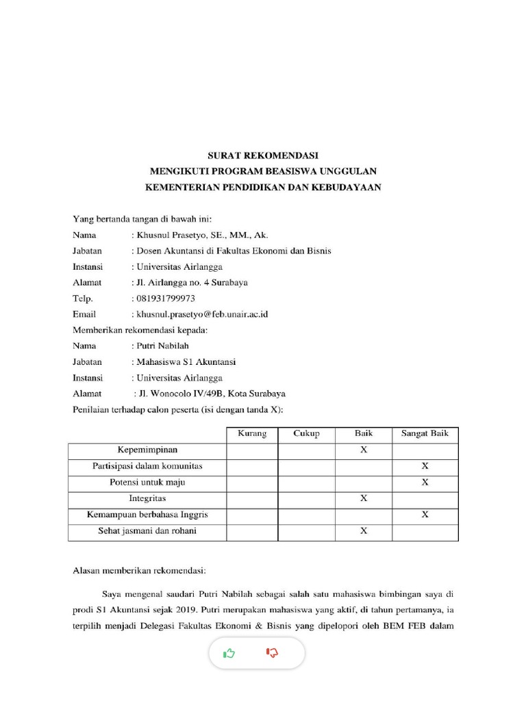 Contoh Surat Rekomendasi | PDF