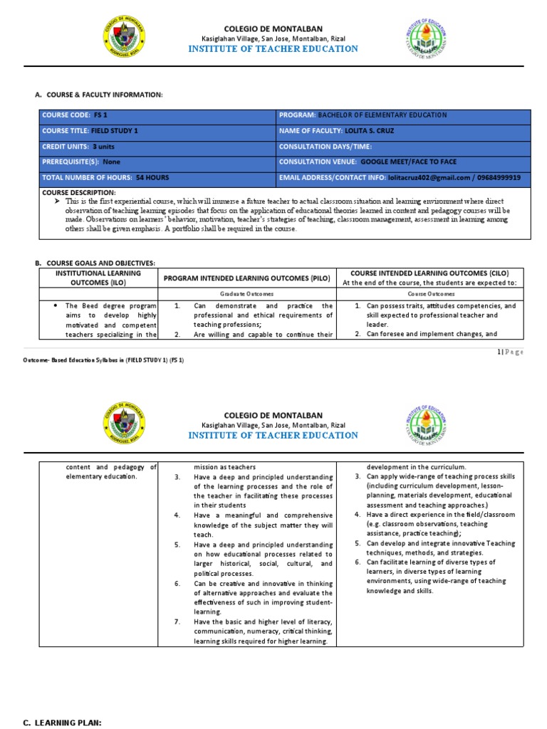 Field Study 1 Course Syllabus | PDF | Wellness