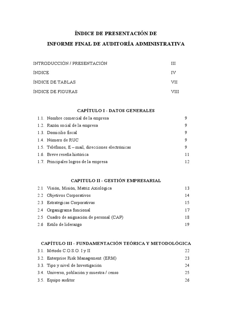 Índice de Presentación de Informe Final de Auditoria | PDF