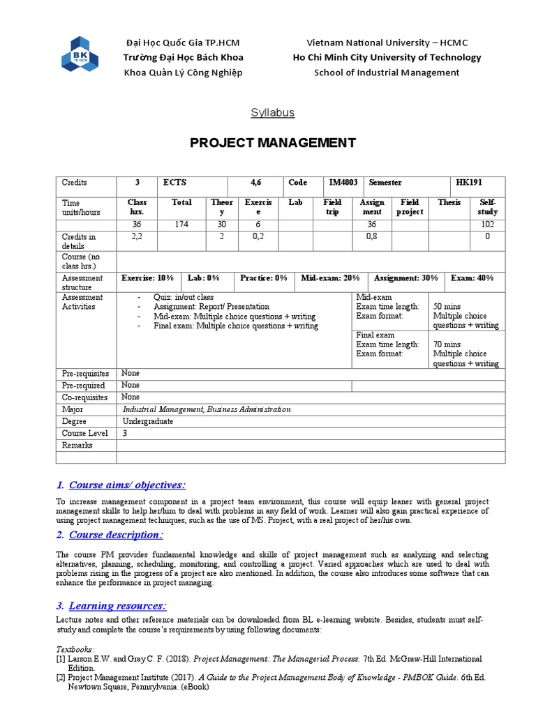 Project Management Syllabus HK191 | PDF