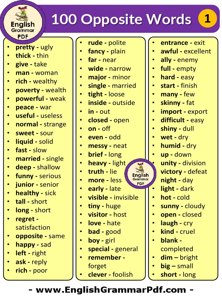 100 Opposite Words in English | PDF