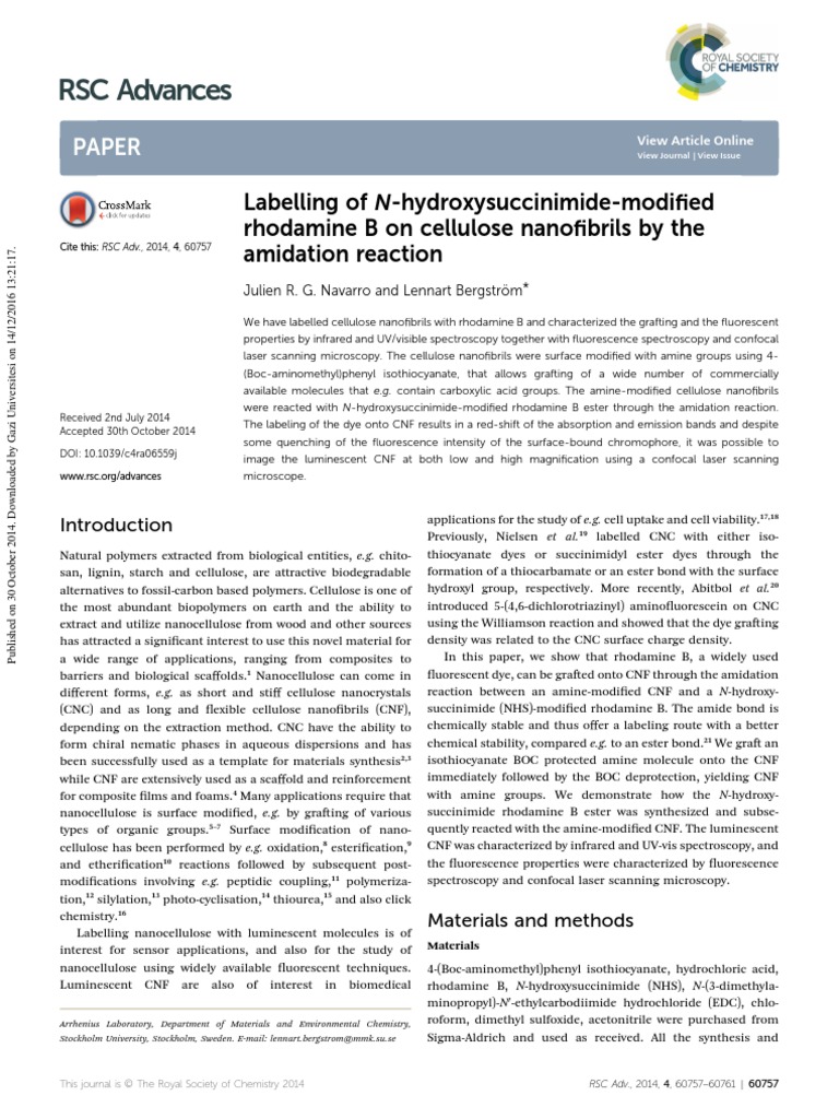 Labelling of N-hydroxysuccinimide-modified Rhodamine B on Cellulose ...