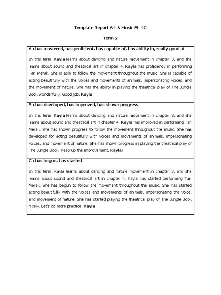 Kayla's Art & Music Progress Report | PDF