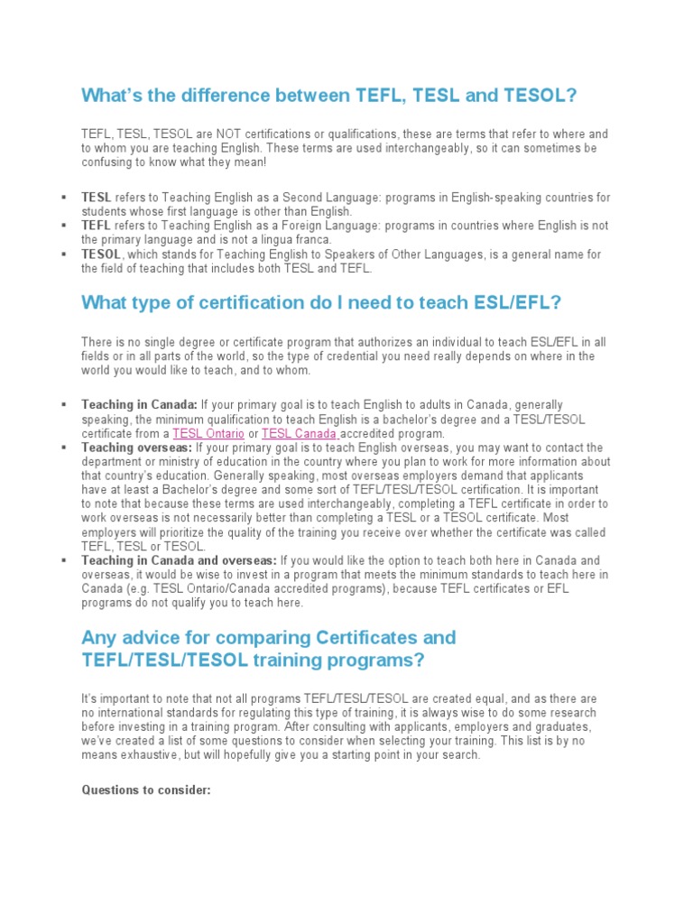 Tesol Tesl Tefl Pdf English As A Second Or Foreign Language