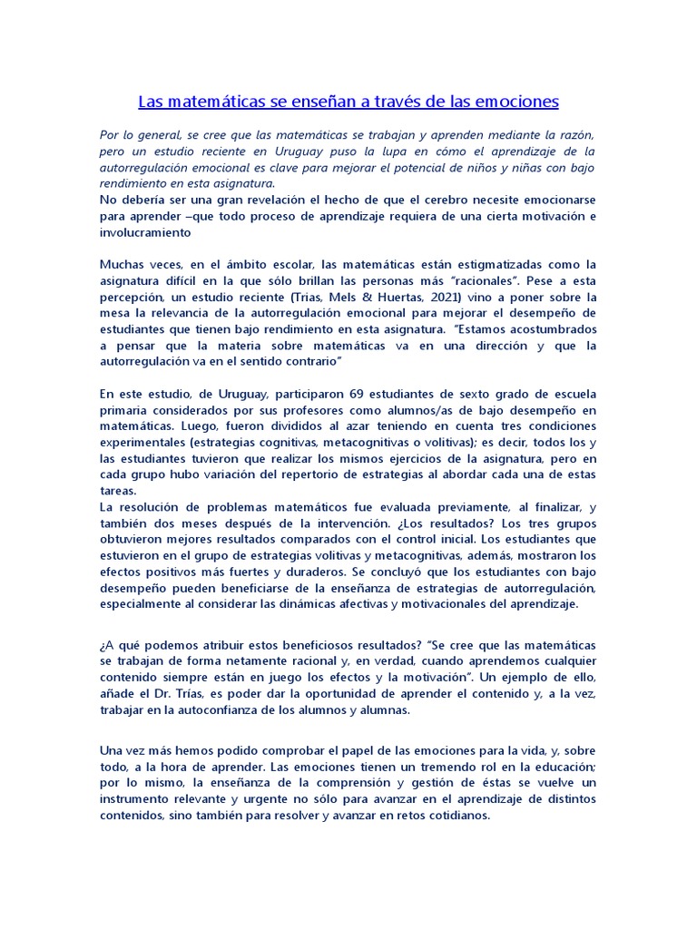 Matemáticas y emociones en el aprendizaje | PDF