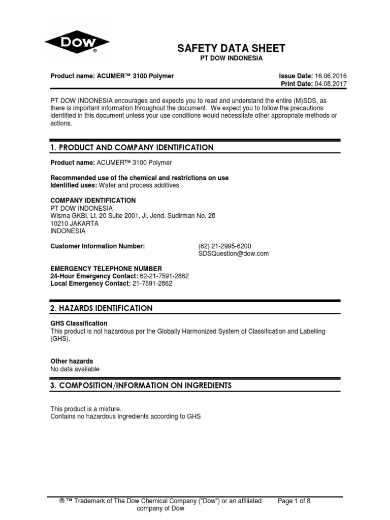 MSDSAcumer 3100 PDF Toxicity Polyvinyl Chloride