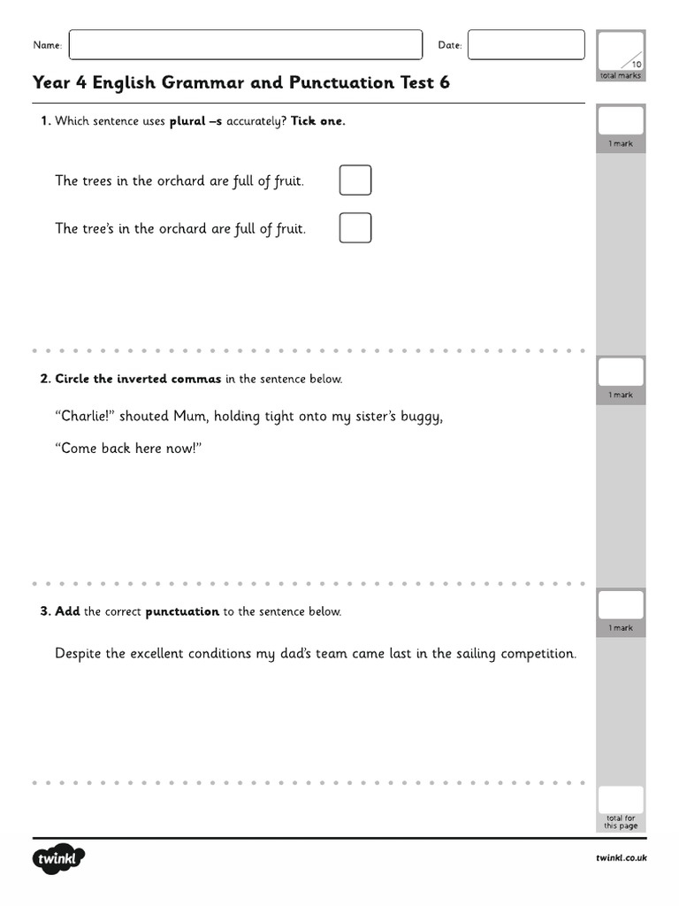 Year 4 English Grammar and Punctuation Test 6 | PDF