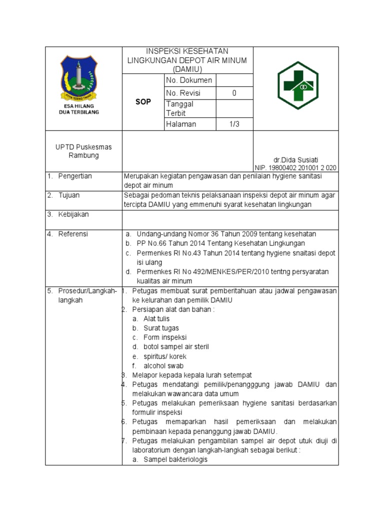 SOP Inspeksi Kesehatan Depot Air Minum | PDF | Griya & Taman | Sains ...