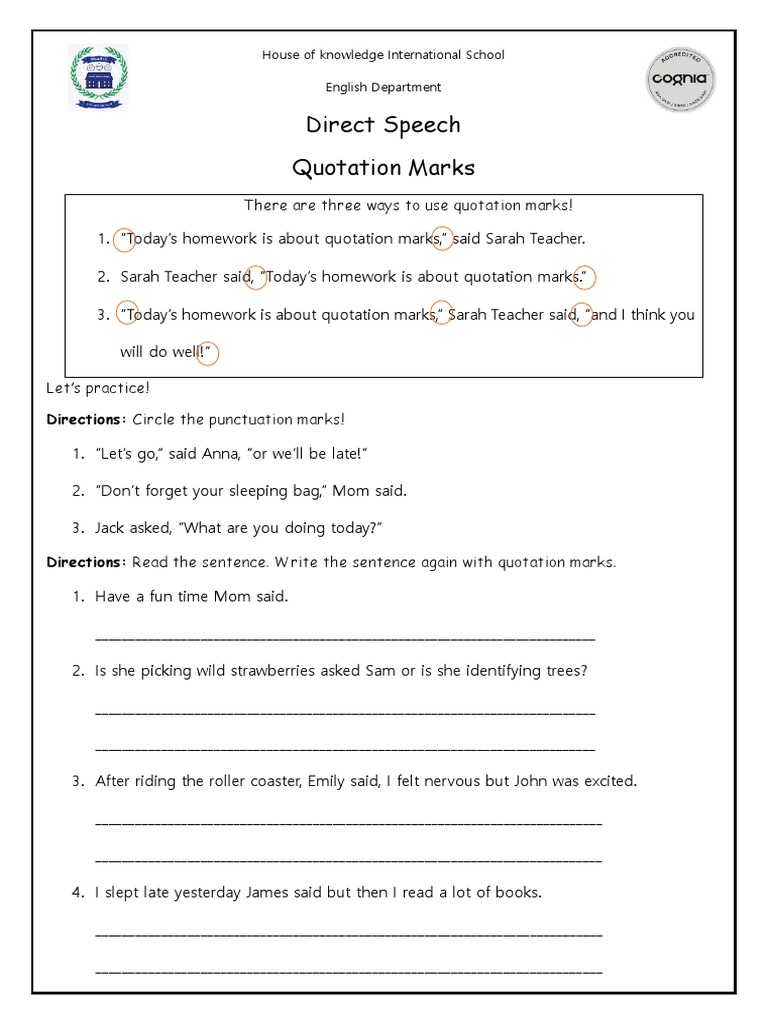 Quotation Marks Practice Worksheet | PDF