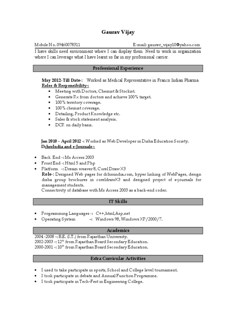 Gaurav Vijay: Medical Rep & Web Developer Resume | PDF
