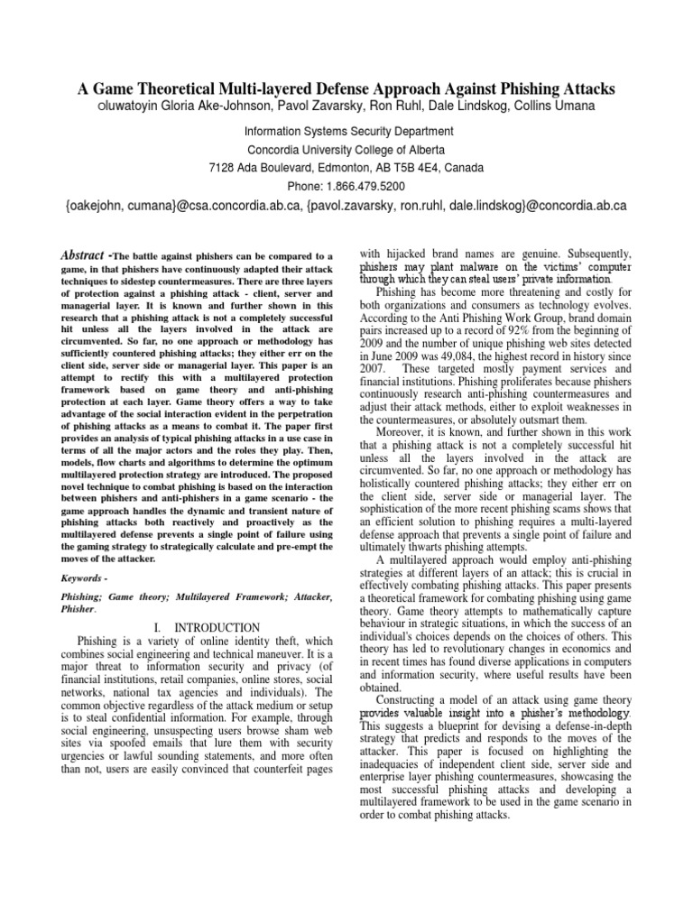 Game Thoretical Multi Layered Defense Against Phishing Attacks Pdf