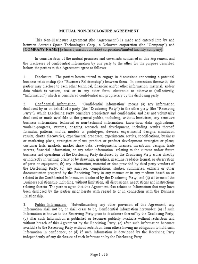 Astranis MNDA Template NOV22 PDF Confidentiality Non Disclosure