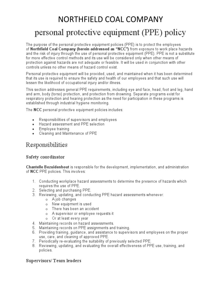 PPE Policy PDF Personal Protective Equipment Occupational Safety