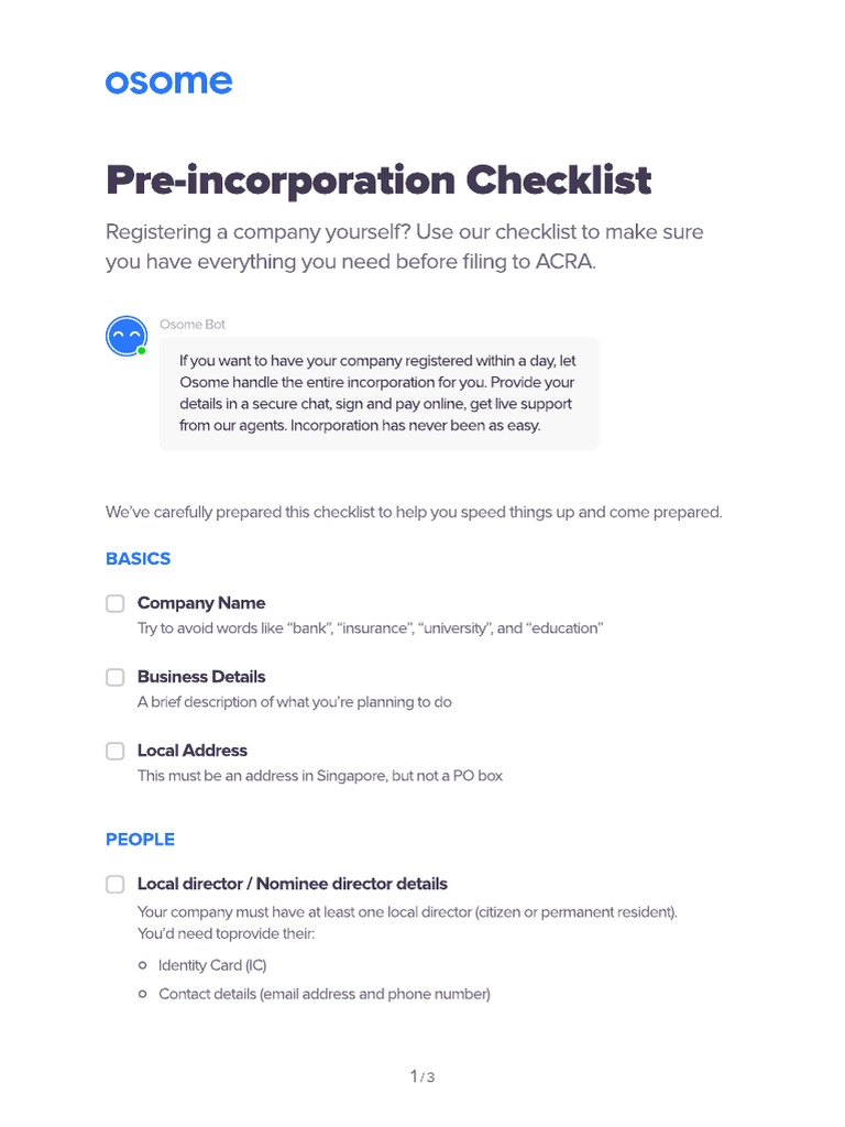 Osome Pre-Incorporation Checklist | PDF | Identity Document | Business
