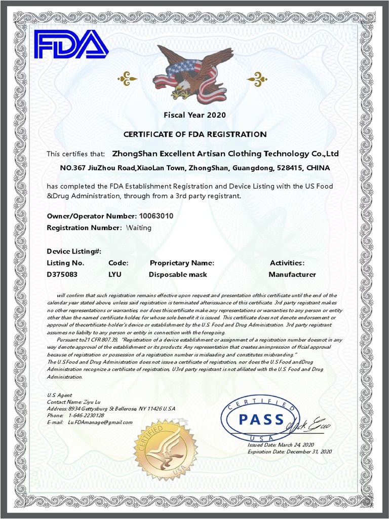 FDA Registration Certificate 2020 | PDF