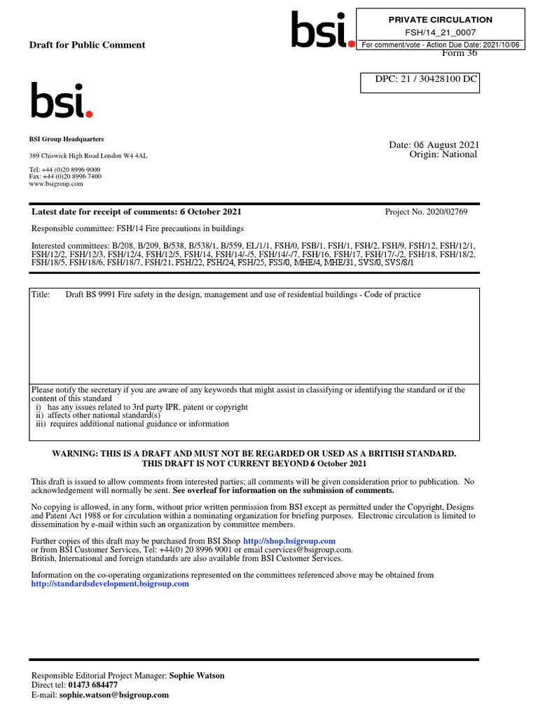 FSH - 14 - 21 - 0007 Draft Bs 9991 Fire Safety in The Design Management ...