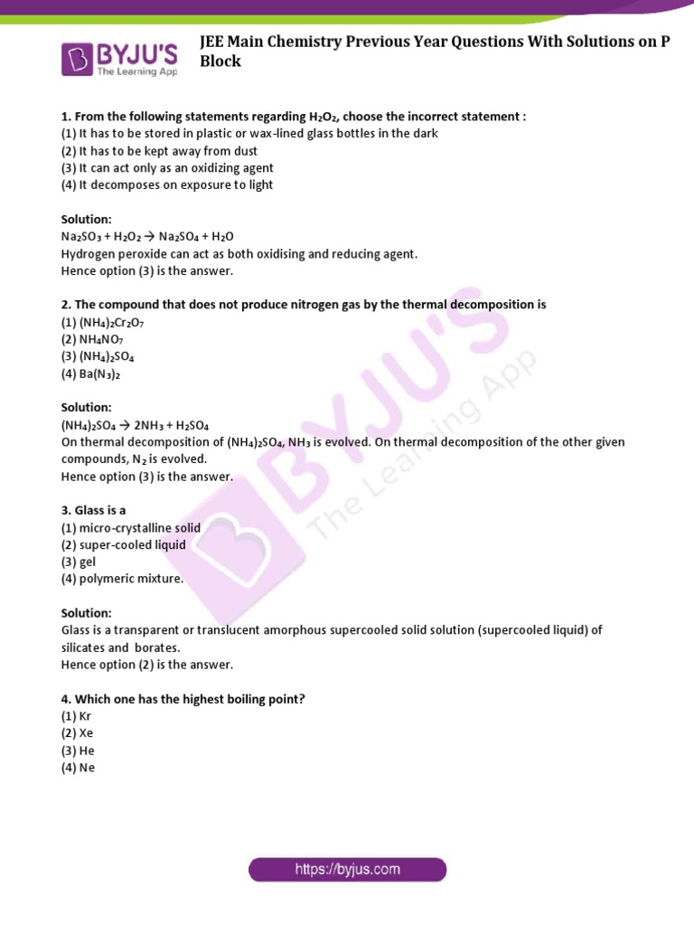 JEE Main Chemistry P-Block PYQs Solutions | PDF | Chemical Bond ...