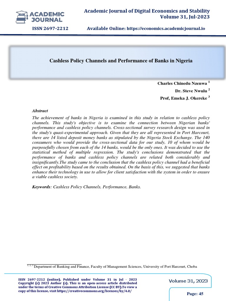 Cashless Policy Channels And Performance Of Banks In Nigeria Pdf