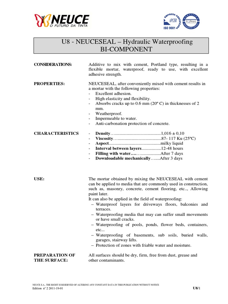 Tec. File U8 Neuceseal | PDF | Mortar (Masonry) | Cement