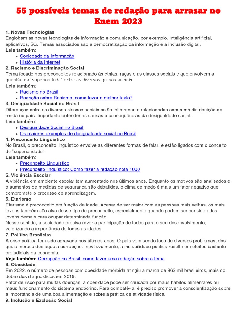 55 Possíveis Temas de Redação Para Arrasar No Enem 2023 | PDF | Brasil ...