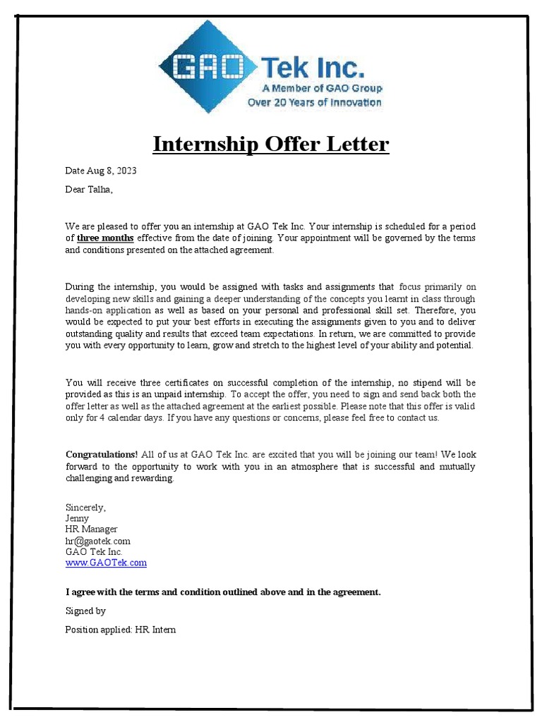 Internship Offer Letter | PDF