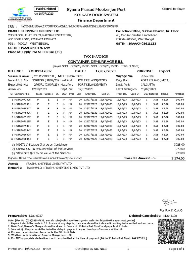 Container Demurrage Bill - Kolkata Port | PDF