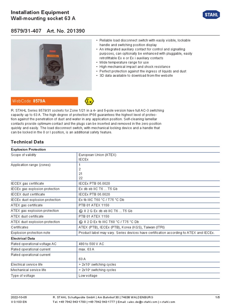 Ex Single Data Sheet Wall Mounting Socket 63 a 8579-31-407 201390 | PDF ...