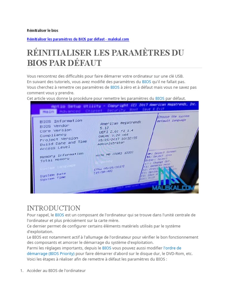 Réinitialiser le bios PDF