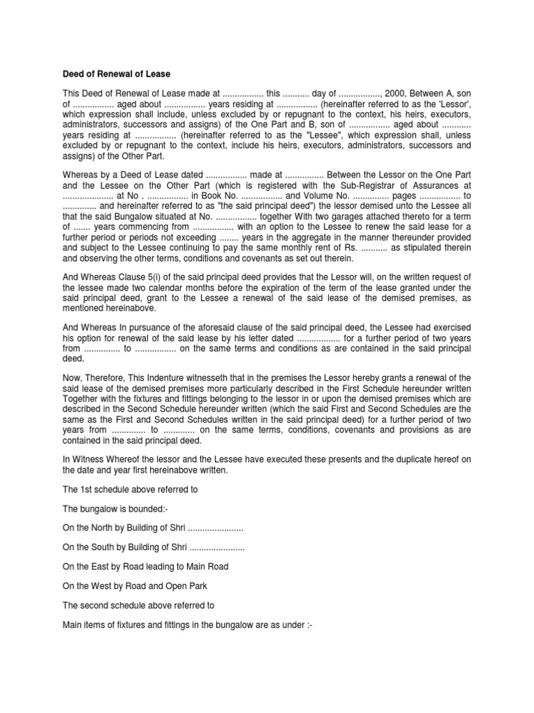 Lease Renewal Deed Template | PDF | Lease | Crime & Violence