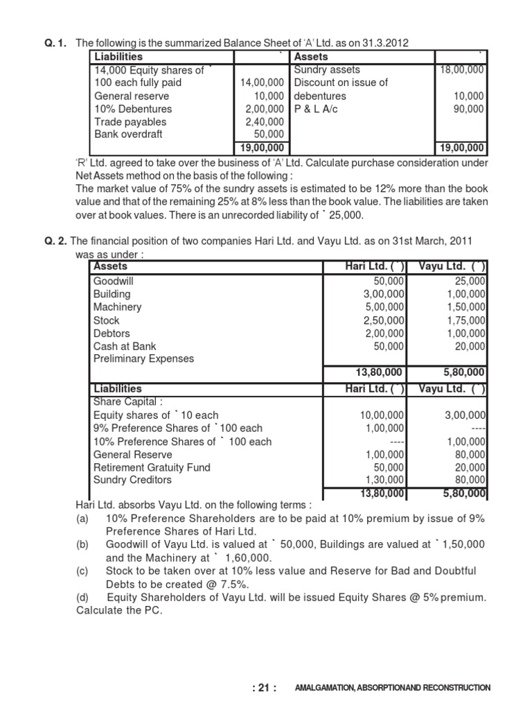Amalgamation and Purchase Consideration | PDF | Equity (Finance ...