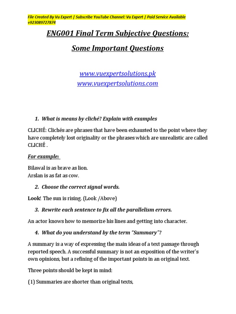 ENG001 Final Term Subjective Questions | Download Free PDF | Semantic ...