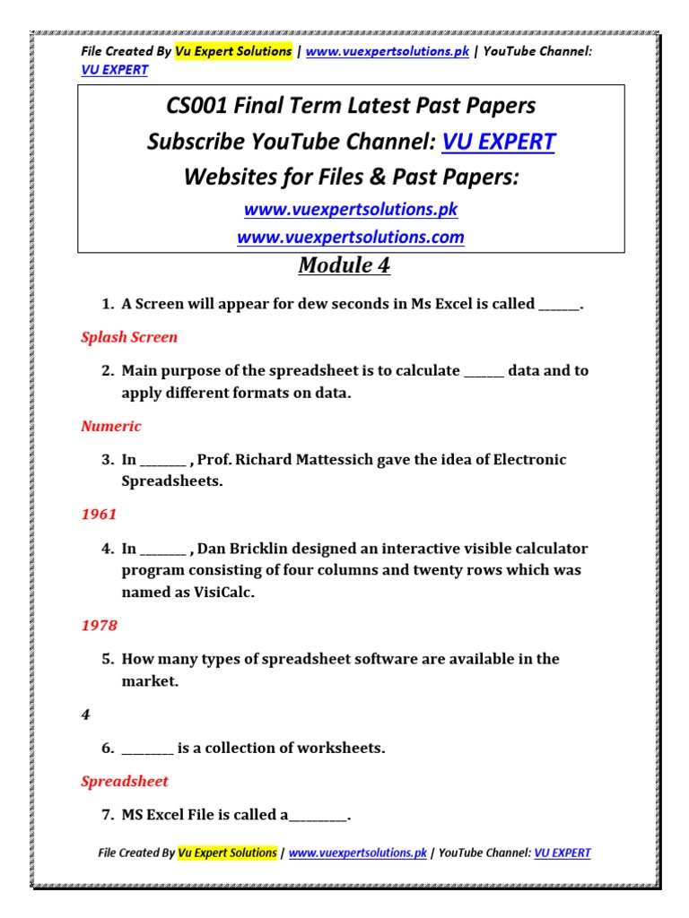 CS001 FinalTerm Latest Past Papers Vu Expert Solutions | PDF | Business ...