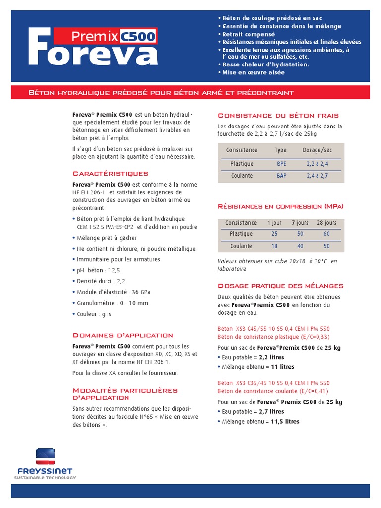 Fiche Technique Premix C500 FR V14 | PDF | Béton | Secteur secondaire ...