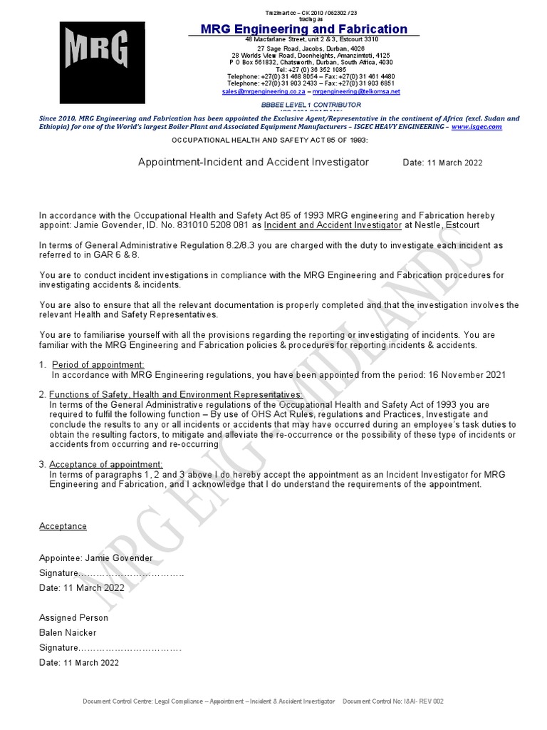 MRG Engineering Incident Investigator Appointment | PDF | Science ...
