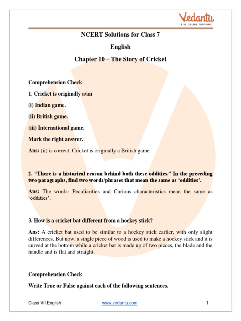 NCERT Solutions For Class 7 English Honeycomb Chapter 10 - The Story of ...