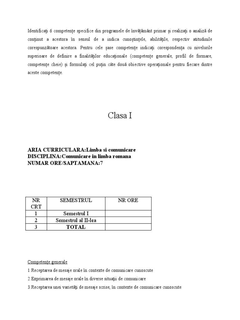 Competente Generale Si Specifice Clasa I | PDF