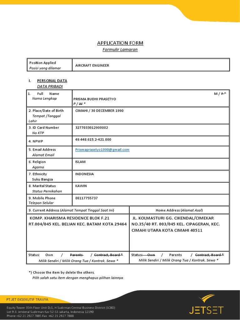 Formulir Lamaran Engineer Pesawat | PDF
